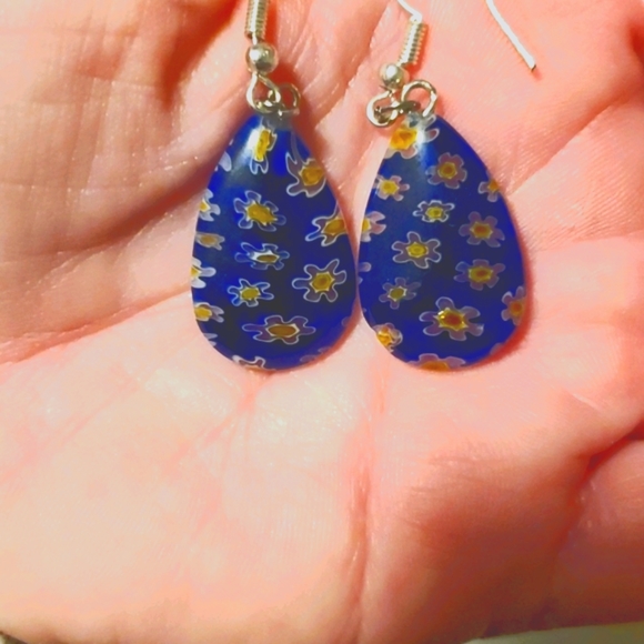 *Sale* New Pear Shaped Blue Millefiori Glass Earrings. - Picture 5 of 9